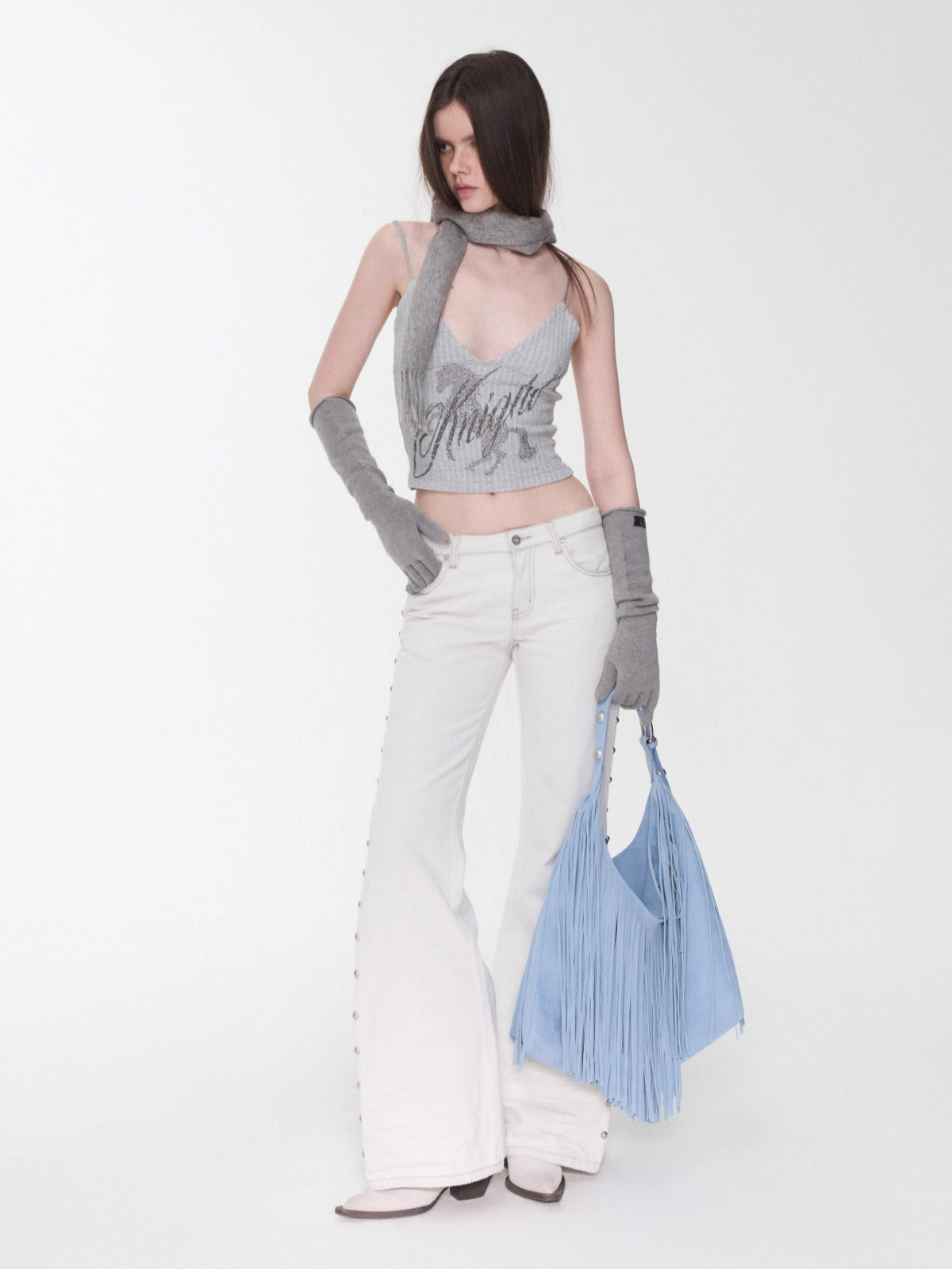 Studded Cat-Whisker Flared Denim Pants