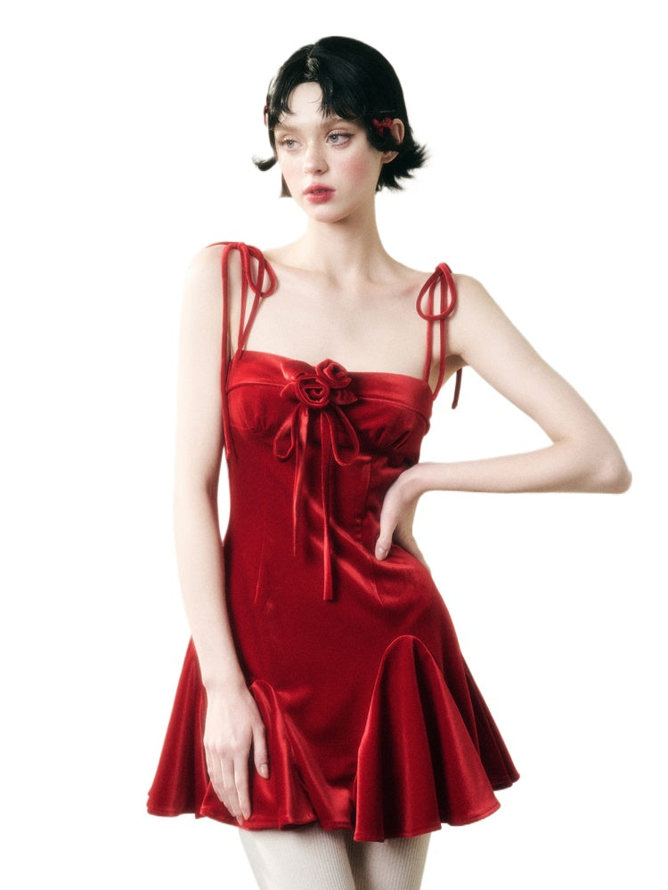 Classic Red Velvet Handcrafted Floral Velvet Dress