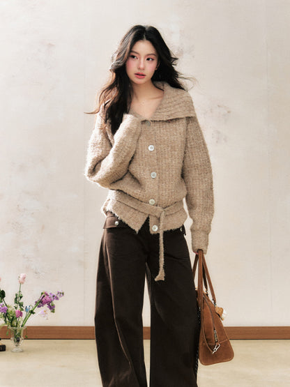 Two-Tone Design Collar Loose Top Cardigan Sweater