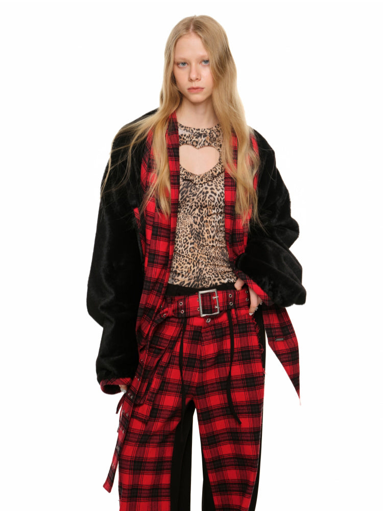 Short Color-Block Rabbit Fur Tie Jacket