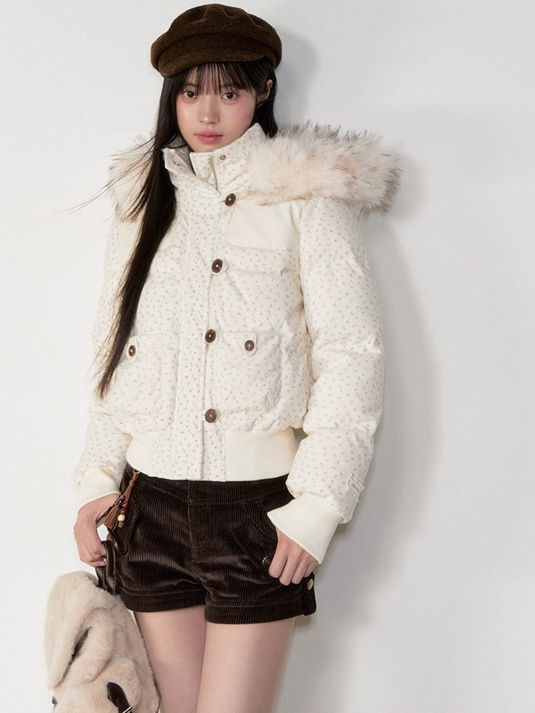 Fuzzy Plaid Down Faux Fur Collar Jacket