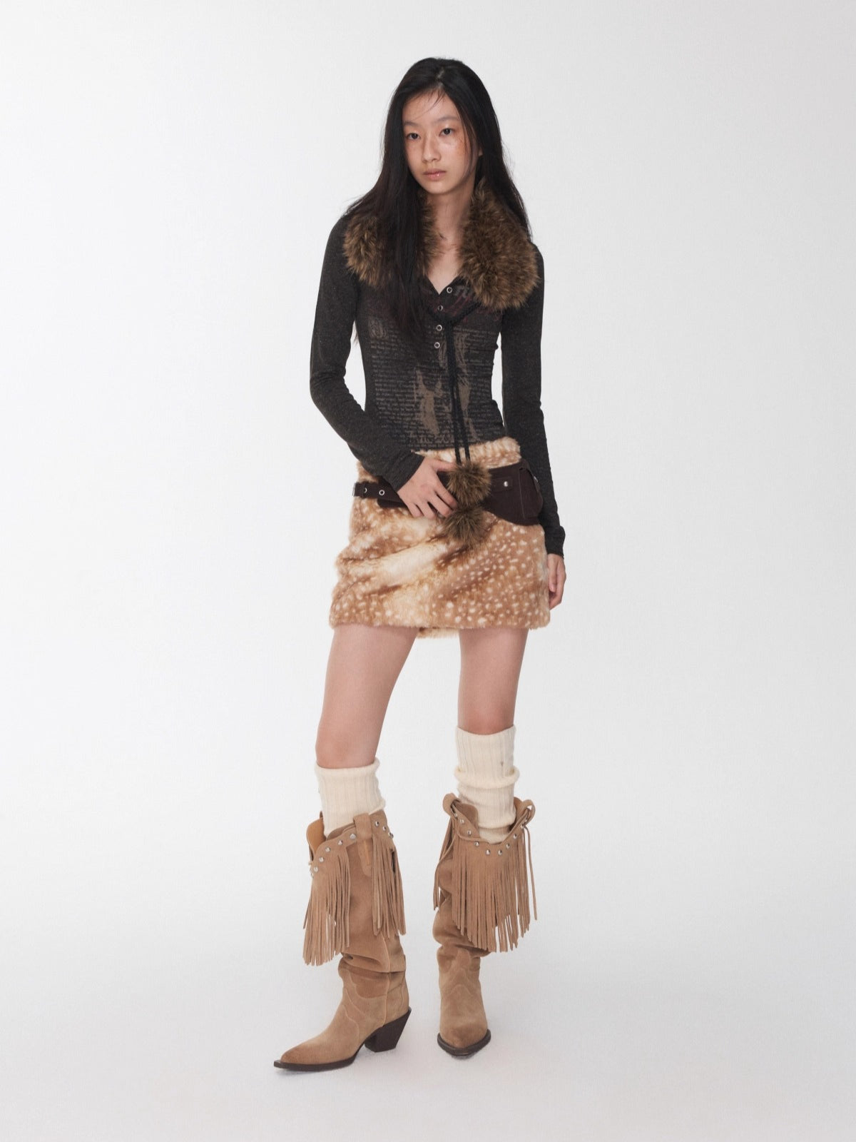 Vintage Deer Print Faux Fur Skirt