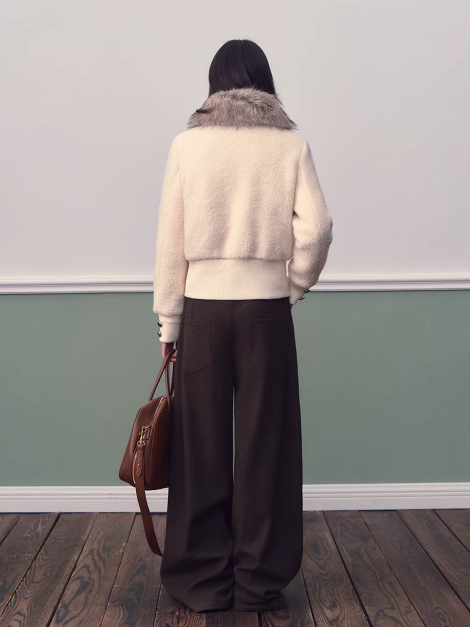 Wool-Blend Fur-Collar Short Down Jacket