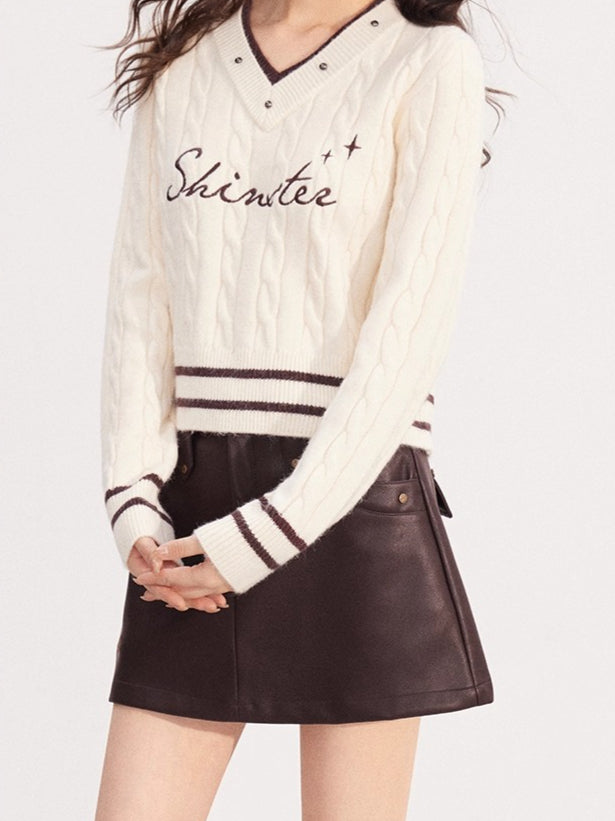 Layered-Effect Embroidered Knit V-Neck Sweater