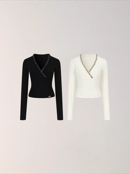 V-Neck Panelled Knit Long-Sleeve T-Shirt