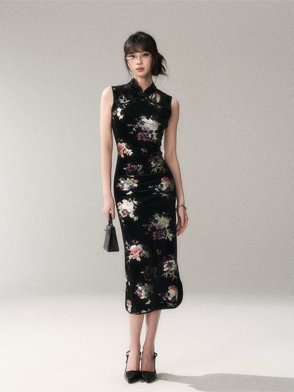 Gilded Velvet Floral Cheongsam Dress
