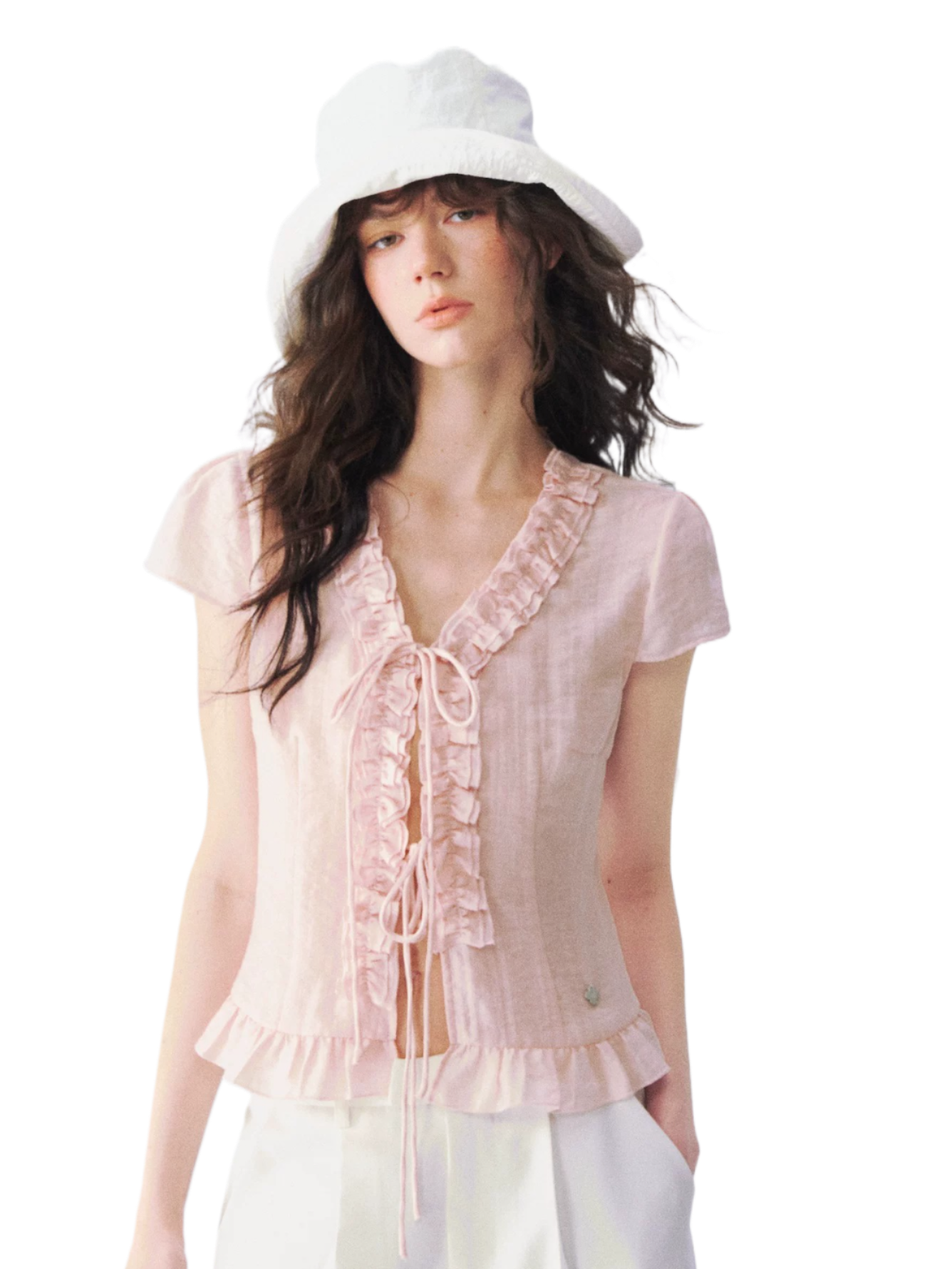 Soft Ruffle Trim V-Neck Cropped Blouse
