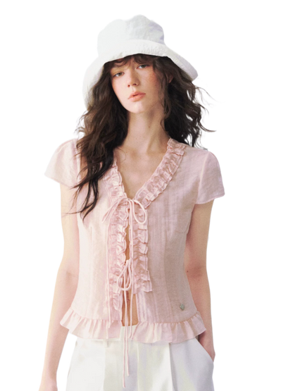 Soft Ruffle Trim V-Neck Cropped Blouse
