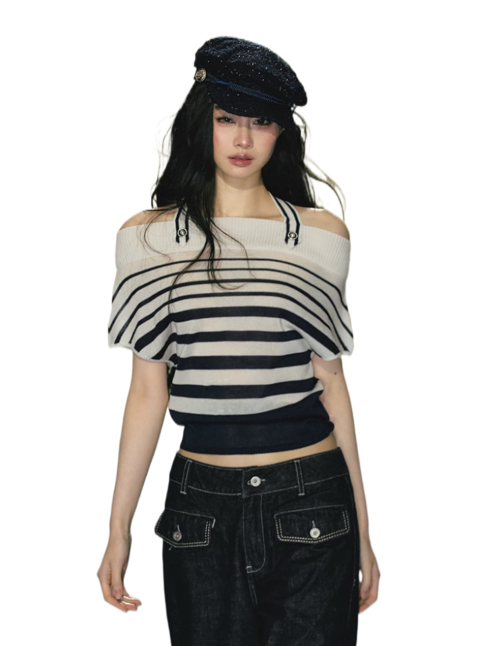 Nautical Stripe Off-Shoulder Halterneck Top