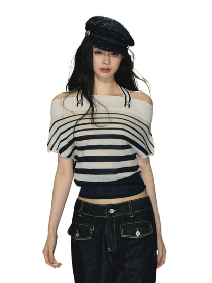 Nautical Stripe Off-Shoulder Halterneck Top