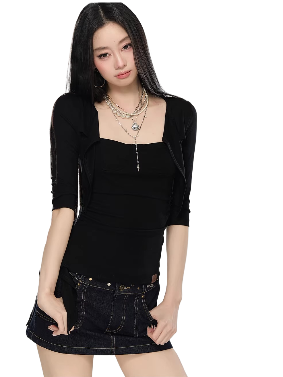 Layered Cut-Out Tie Detail Slim T-Shirt