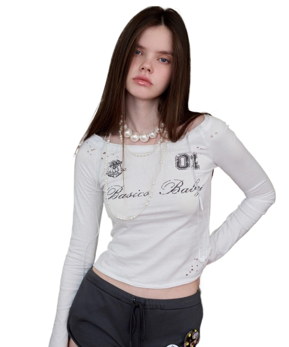 One-Shoulder Badge Printed T-shirt