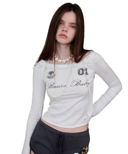 One-Shoulder Badge Printed T-shirt