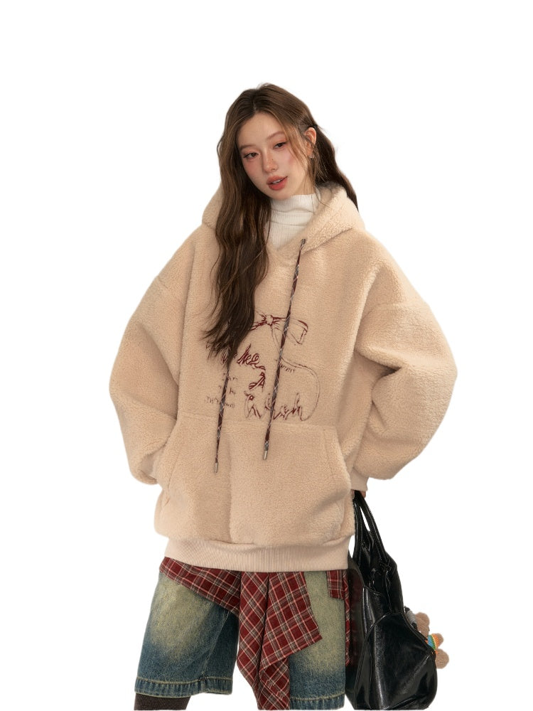 Color Block Bow Embroidery Lamb Wool Hoodie