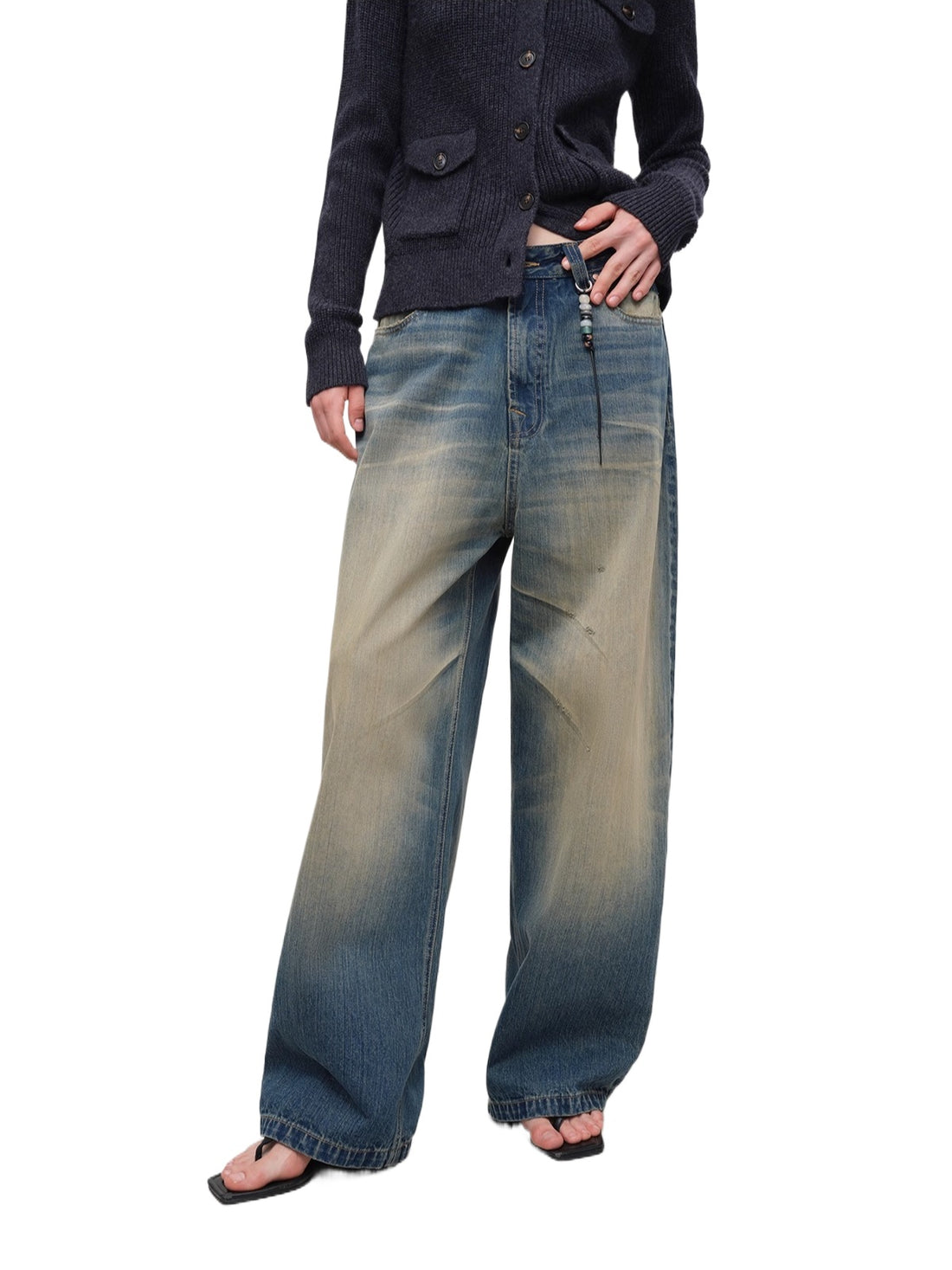 Vintage Tapered Wide-Leg Distressed Denim Pants