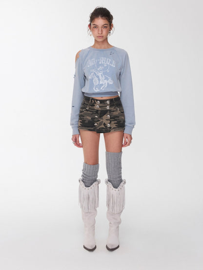Knight Cat Print Distressed Washed Sweatshirt
