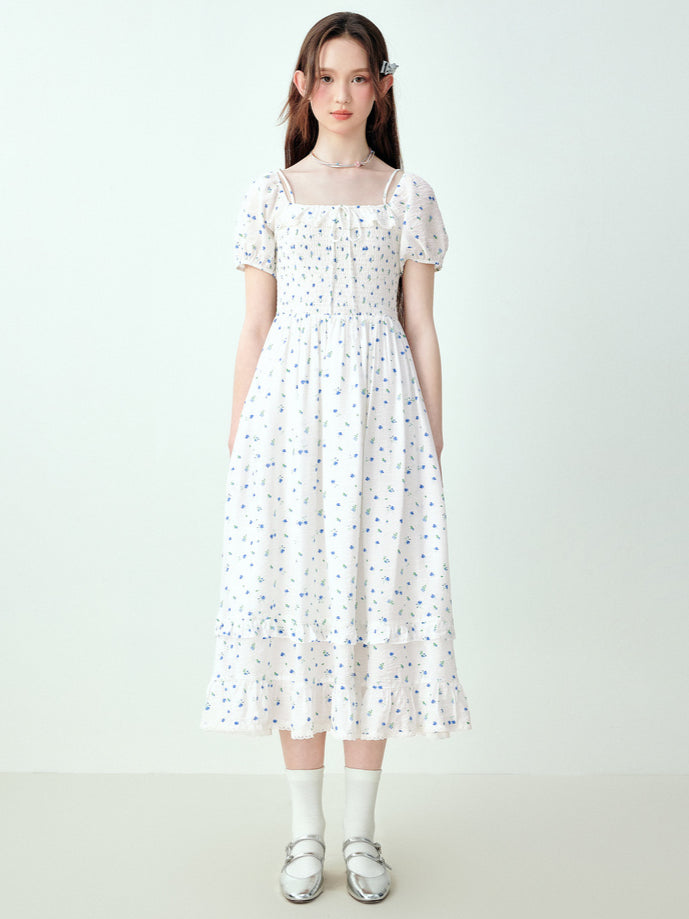 White Floral Puff Sleeve Square-neck Dress