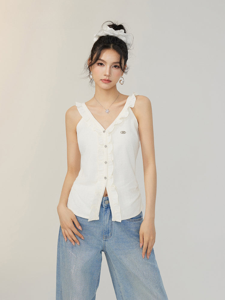 V-neck Lace Ruffled Vest - CHINASQUAD