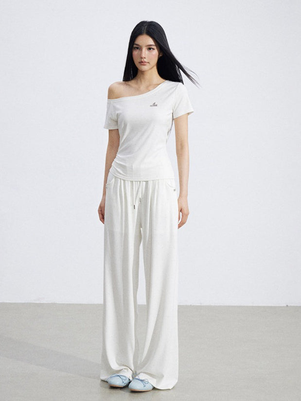 Off-Shoulder Draped Top Wide-Leg Pants Two-Piece Set