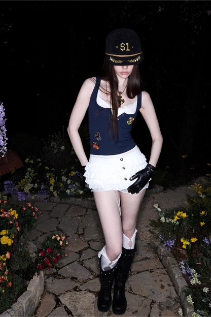 Layered Lace Patch Slim Knit Tank