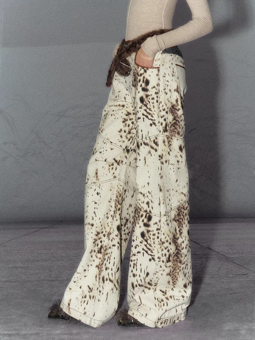 American Leopard Print Wide-Leg Denim Pants