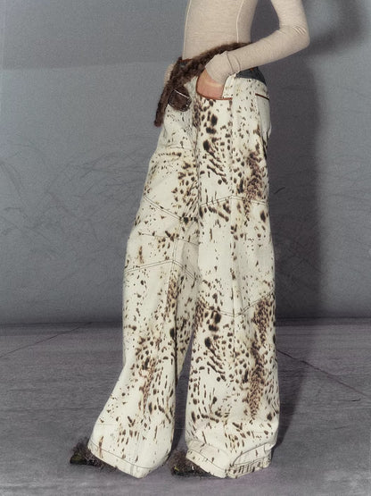 American Leopard Print Wide-Leg Denim Pants