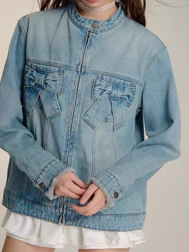 Blue 3D Bow Moto Denim Jacket