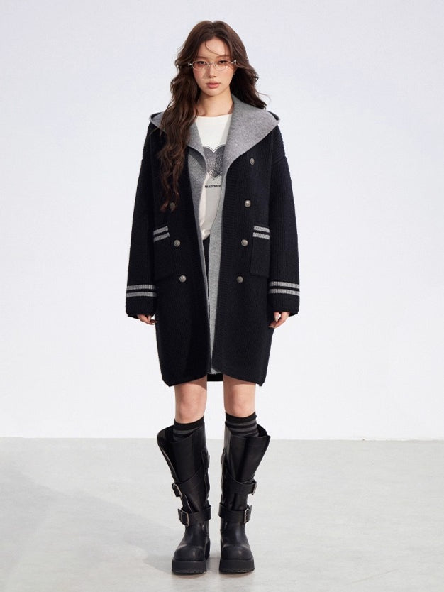 Detachable Collar Knit Hooded Long Cardigan