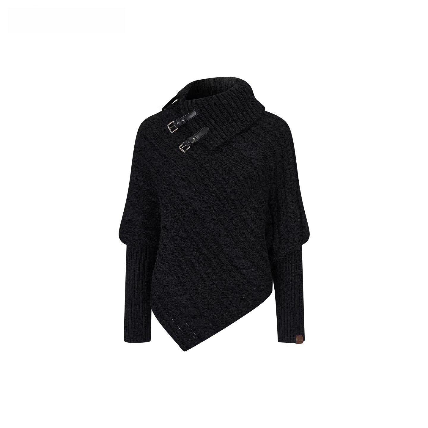 Leather-Buckle Thickened Cape Sweater