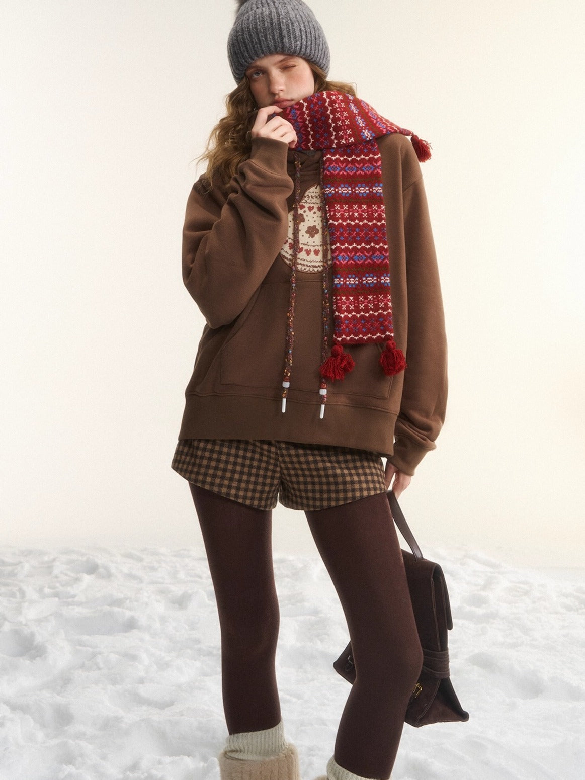 Brushed Fair Isle Knit Hooded Sweatshirt