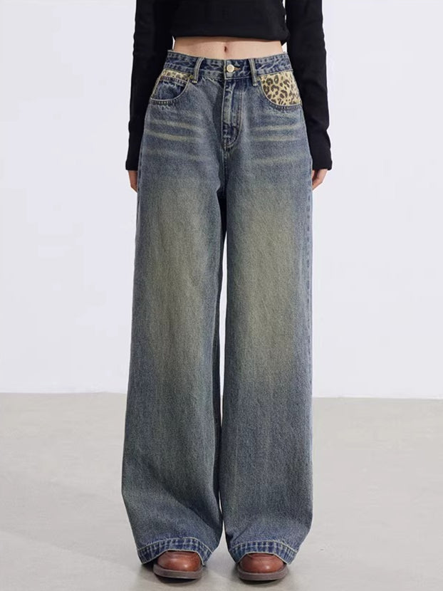 Leopard-Print Panelled Wide-Leg Denim Pants