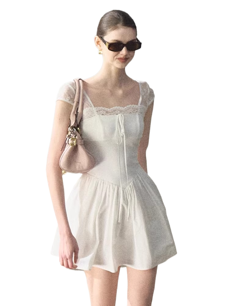 Lace-Spliced Cinched-Waist Vacation Camisole Dress