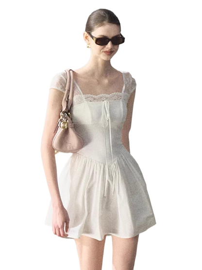Lace-Spliced Cinched-Waist Vacation Camisole Dress