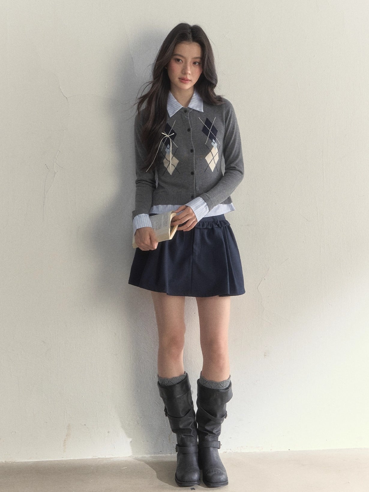 Layered Argyle Shirt Collar Knit Cardigan