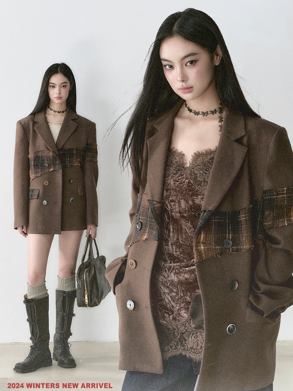 Wool Plaid Patchwork Mid-Length Coat