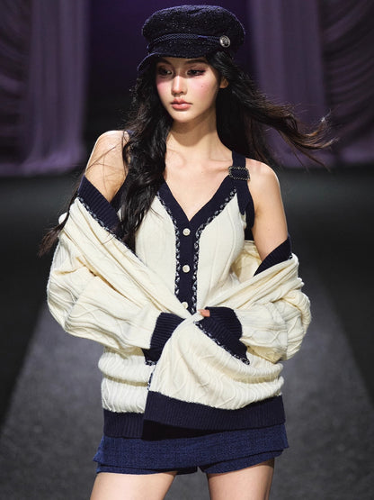 Contrast-Trim Knit Cardigan &amp; Vest Set