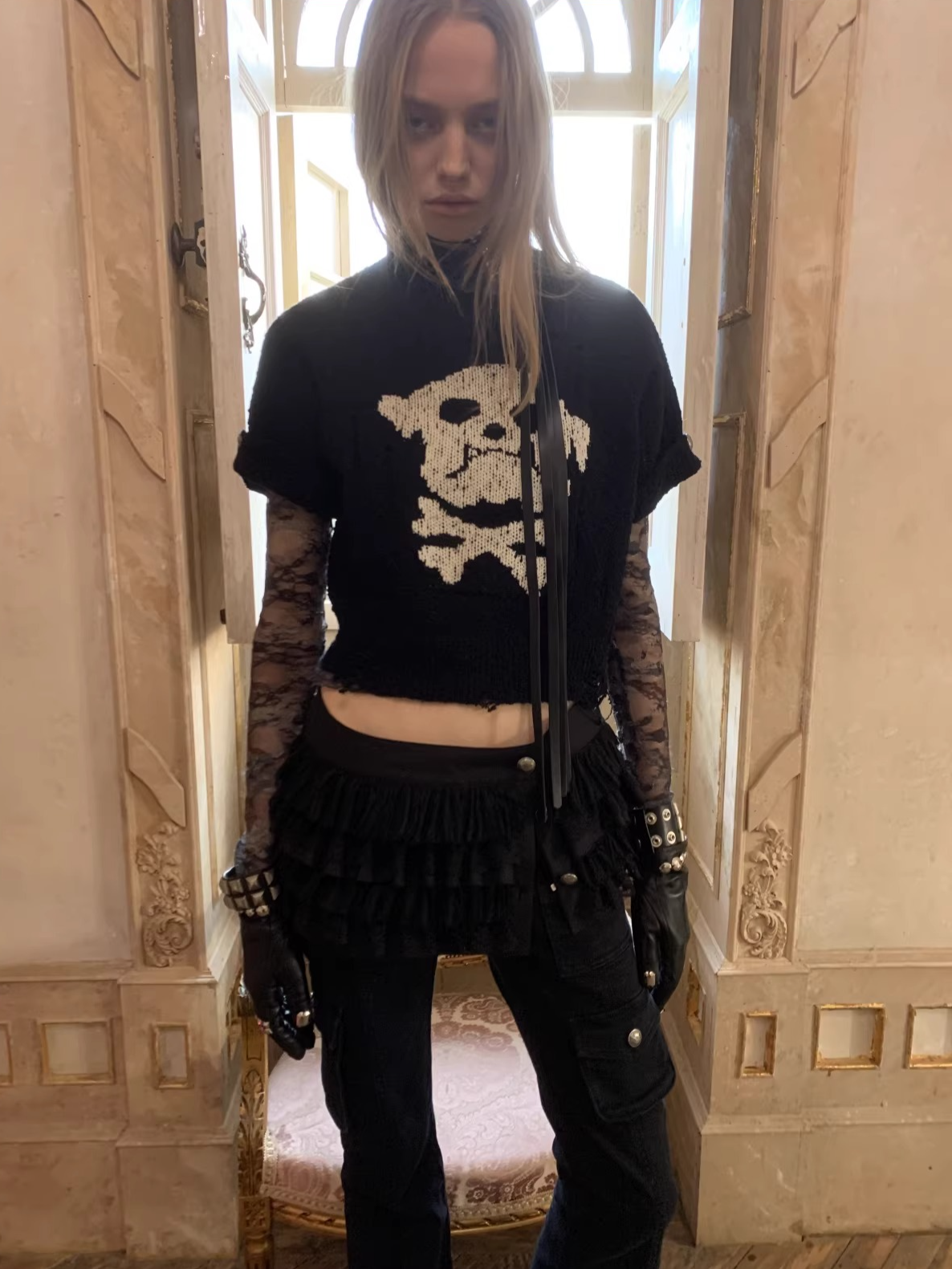 Skeleton Distressed Knit Short Sleeve Top