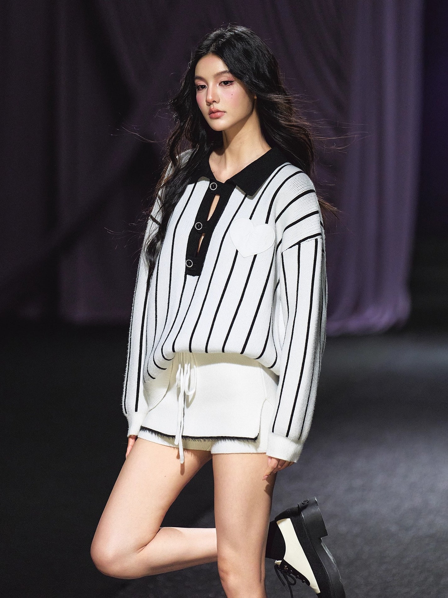 Striped Knit Polo T-Shirt &amp; Contrast Trim Skort Set