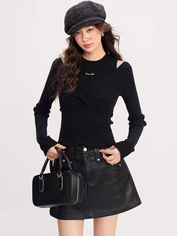 Bow Cable-Knit Vest Long-Sleeve Two-Piece Set