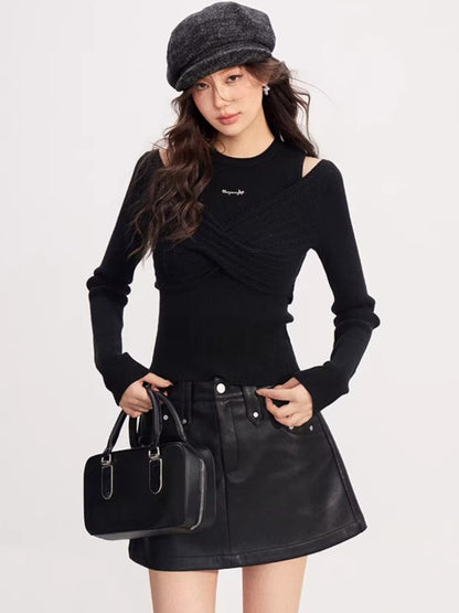 Bow Cable-Knit Vest Long-Sleeve Two-Piece Set