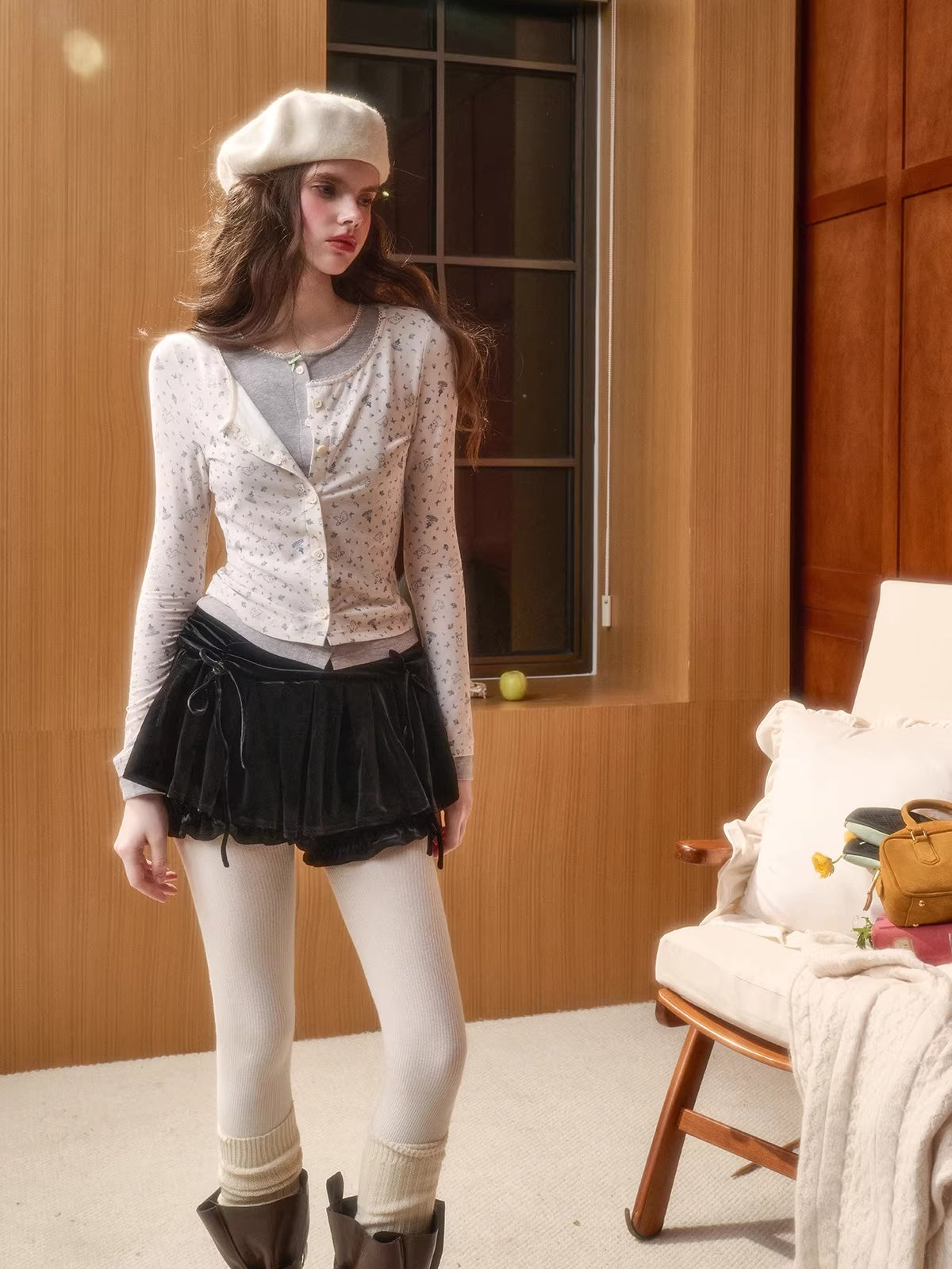 Cotton Layered-Effect Printed Cardigan