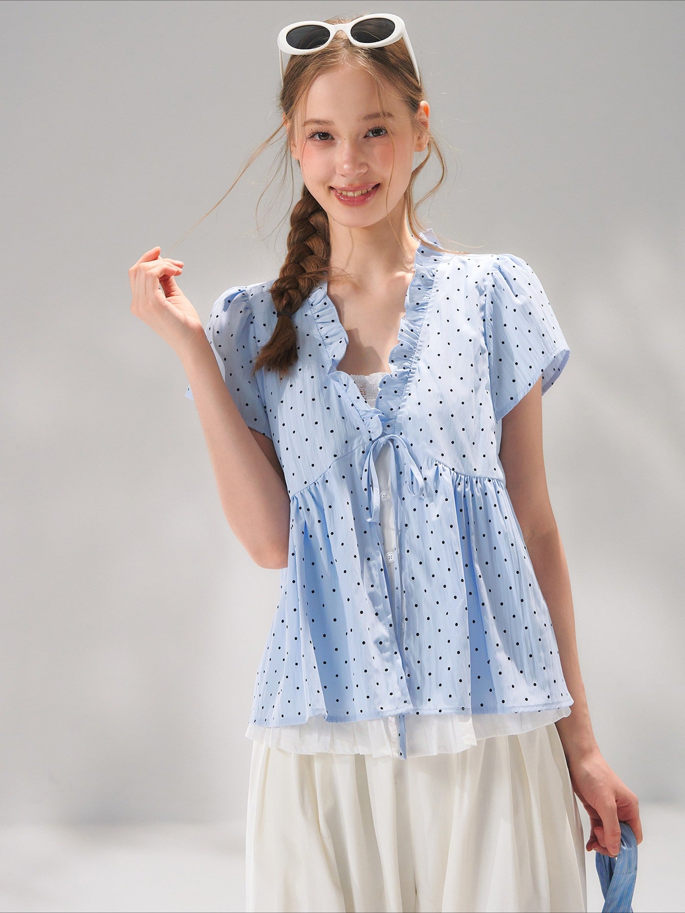 Ruffled Trim Polka Dot Layered Blouse