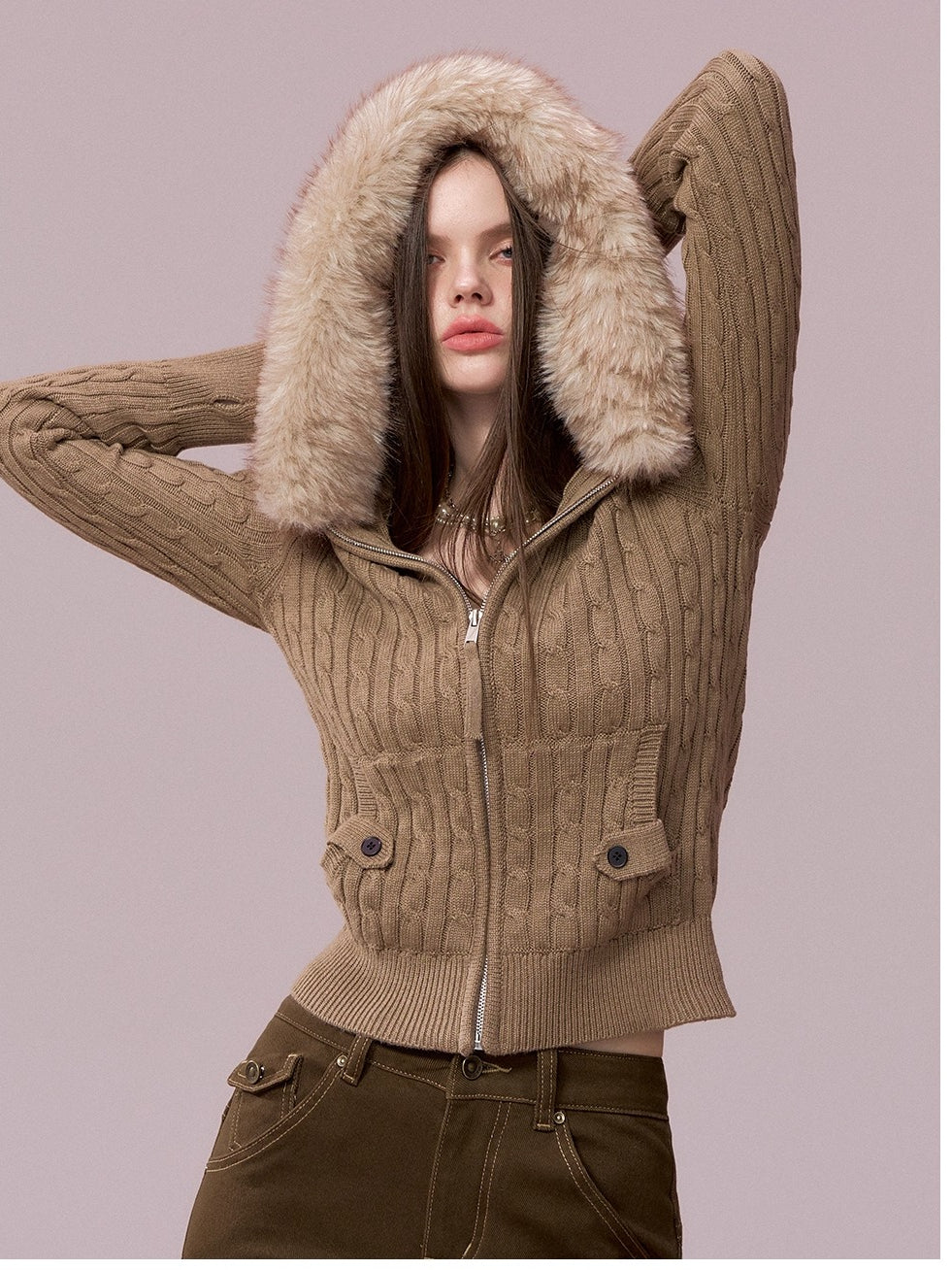 Faux-Fur Collar Cable-Knit Cardigan