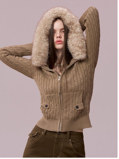 Faux-Fur Collar Cable-Knit Cardigan