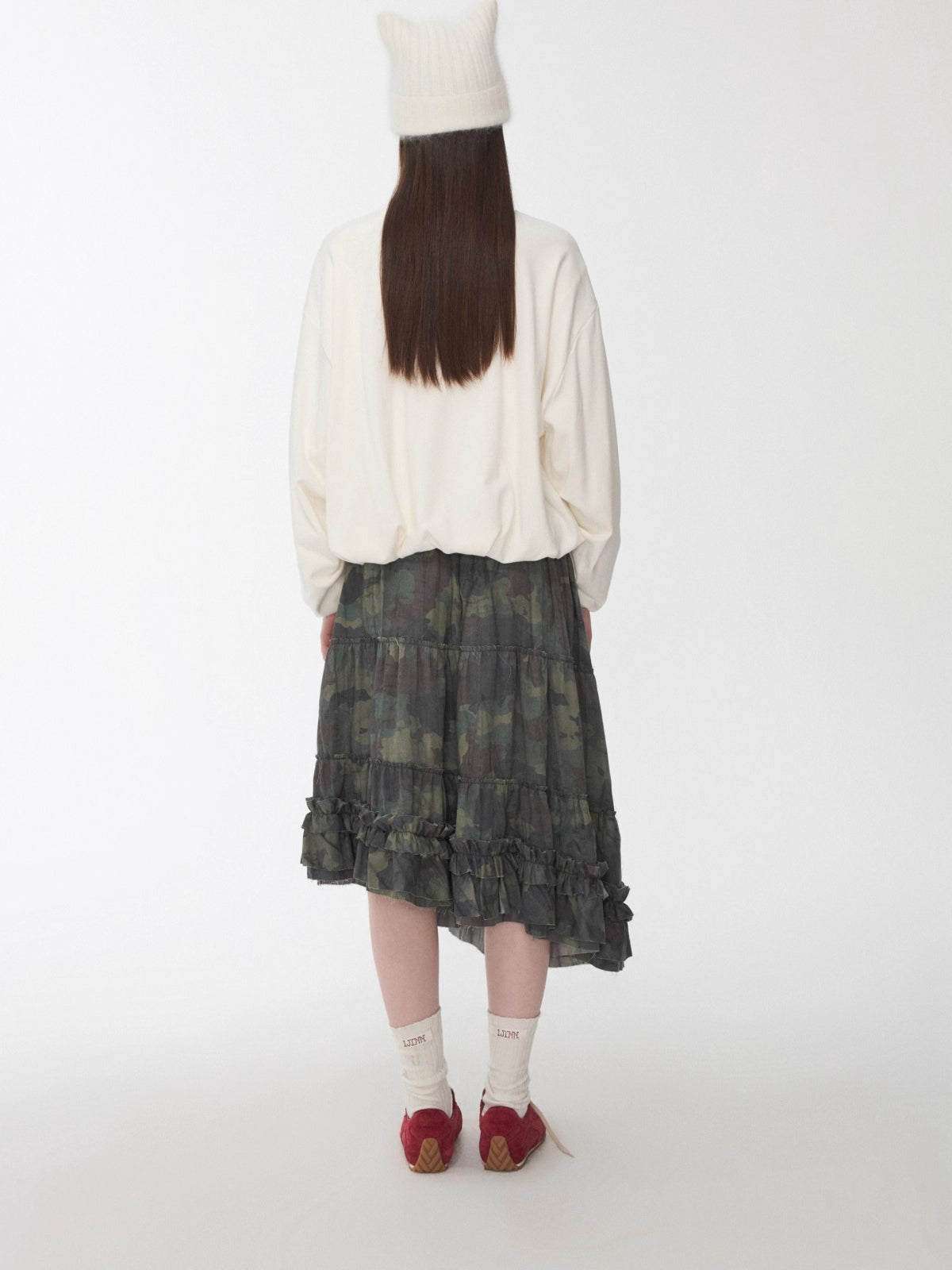 Camouflage Raw-Edge Ruched Layered Skirt