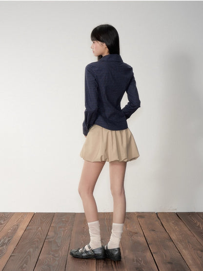 Navy Blue Asymmetric Collar Checked Shirt