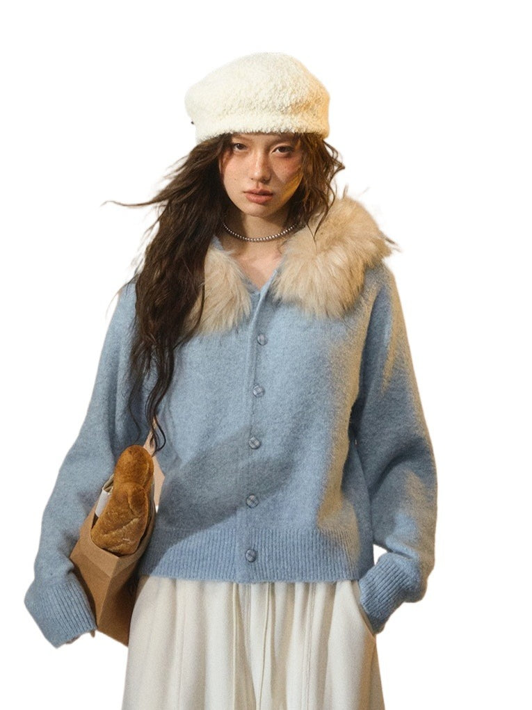 Detachable Fur-Collar Fleece Hooded Cardigan