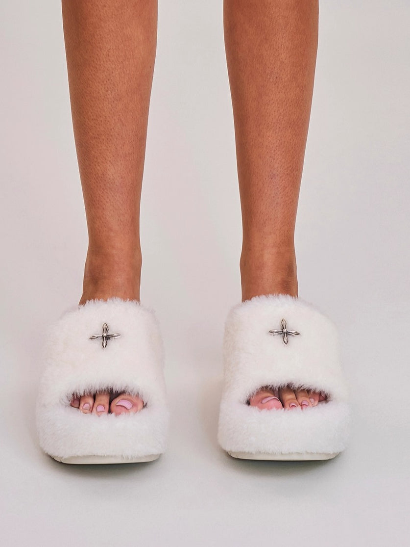 Cross Relic Shearling Heel Mules