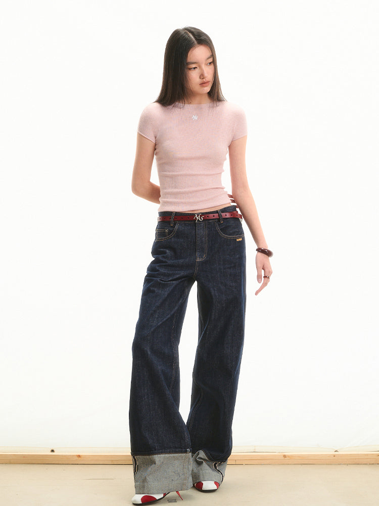 Cuffed Mid-Rise Straight-Leg Denim Jeans