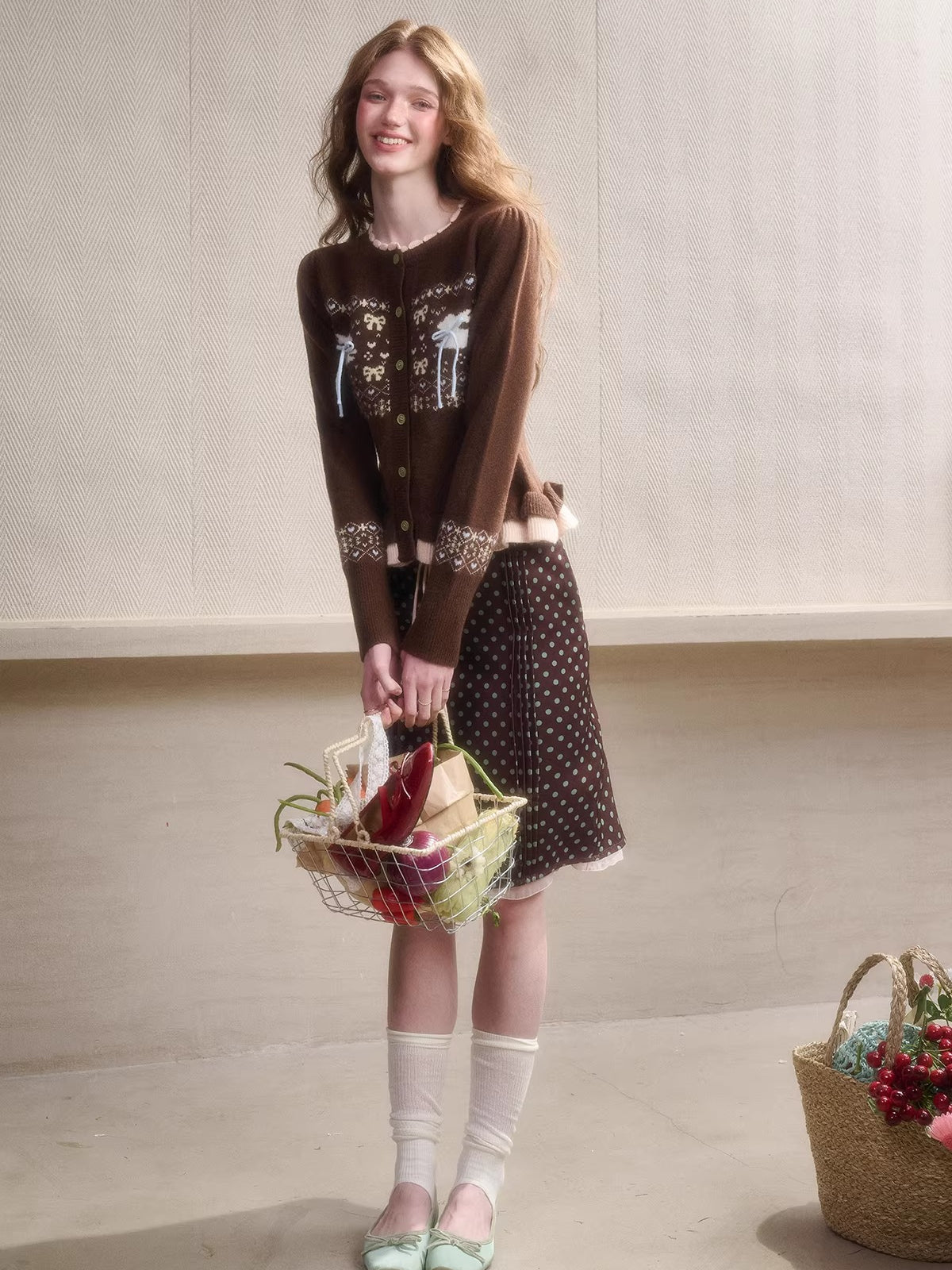 Fair Isle Knit Cardigan &amp; Polka Dot Skirt Set